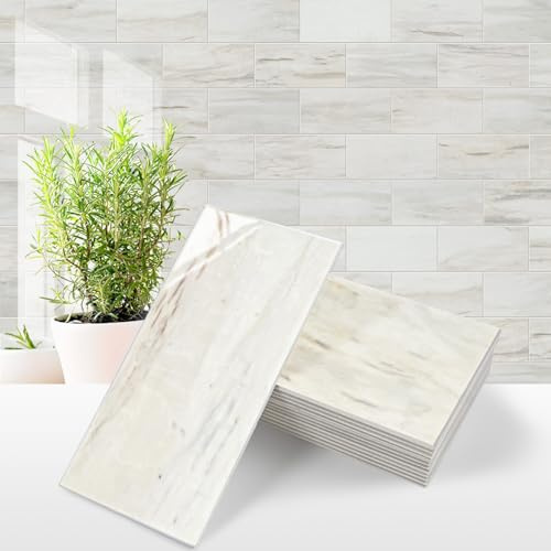 STICKGOO 100-Piece Glossy Wooden Marble Grain Peel and Stick Backsplash Tile,3''x6'' PVC Subway Tile with White Grout, Stick on Backsplash for Kitchen/Bathroom/Fireplace