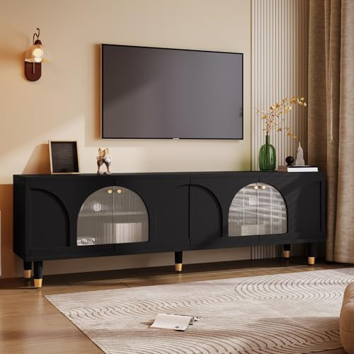 Generisch Élégant Meuble TV Noir avec Portes en Verre cannelé arquées, 4 Portes – 173 x 38 x 59 cm – Design Moderne,Noir
