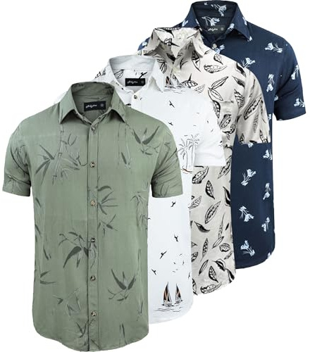 WJL WHISPERING JONES LONDON Mens 4 Pack Hawaiian Short Sleeve Beach Holiday Summer Designer Floral Shirt Menswear Printed Top, Pack 4, L