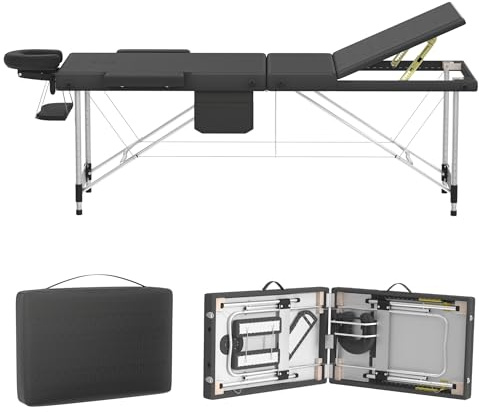 UISEBRT massagesäng av aluminium, hopfällbar och höjdjusterbar med 3 zoner, 230 kg lastkapacitet, 8,5 cm skumstoppning, inklusive bärväska, nackstöd och sidoarmstöd (svart)