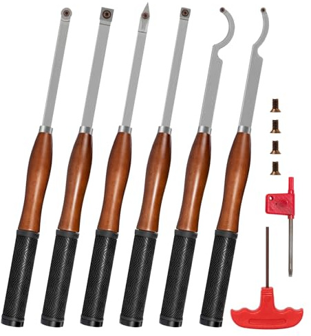 SIIIXS Kit d'outils de tournage de tour en bois en carbure de taille complète avec boîte en bois, outils de tour en carbure de 6 pièces de 46 cm avec boîte en bois poignée en hêtre avec caoutchouc
