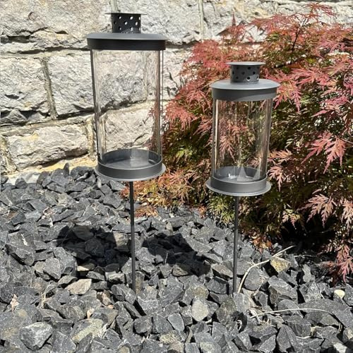 eberin365 GRABWELT – Grablaterne 18/15 cm Anthrazit Metallic Stahlblech Glaszylinder wetterfest LED