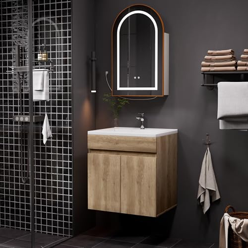 Ztexkee Armario Baño con Espejo LED iluminación Conjunto de Mueble de Baño con Lavabo Suspendido para Baños y Aseos 50x70x15 cm + 60x64x48 cm (Grifo no Incluido)