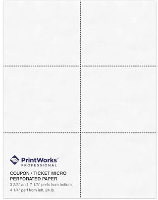 PrintWorks Professionelles perforiertes Papier für Tickets, Coupons, Zertifikate und mehr, 8,5 x 11 cm, 10,9 kg, 3 Perfs – 9 cm und 19 cm von unten und 10,2 cm von links, 500 Blatt, weiß (04334)