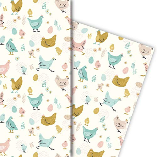 Lustiges Hühner Geschenkpapier mit Küken und Eiern auch zu Ostern, beige, für schöne Geschenk Verpackung zum Einpacken 32 x 48cm, 4 Bögen für Geburtstage, Hochzeit, Weihnachtsgeschenke