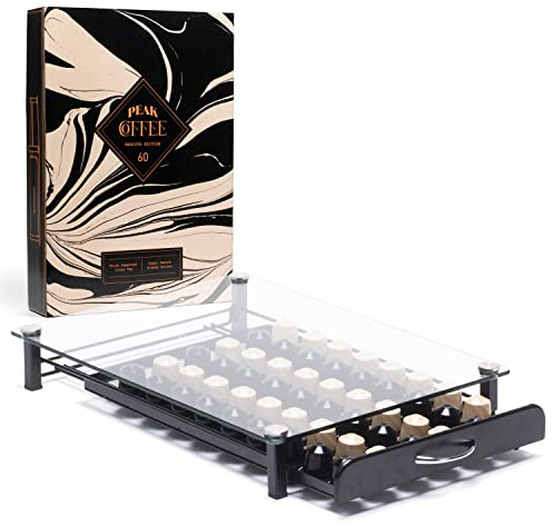 Peak Coffee Capsule Storage Drawer Tray for 60 Nespresso Original Pods | Pod Holder Box, Organiser & Machine Stand with Tempered Glass Top | Smooth Drawer Action