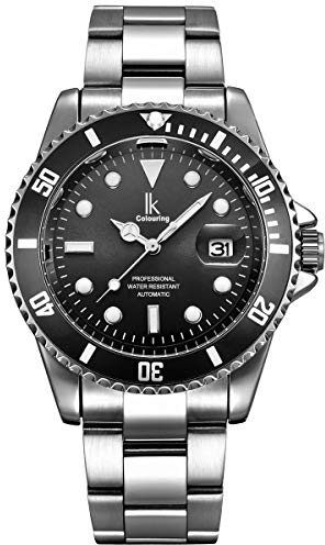 Alienwork Reloj Automático Hombre Mujer Plateado Pulsera de Metal Acero Calendario Fecha Negro