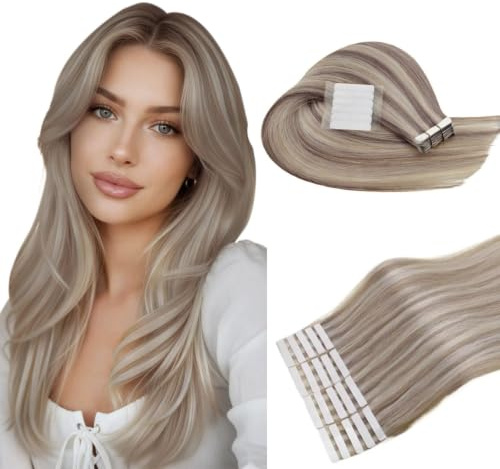 RUNATURE Tape in Hair Extensions Human Hair 14in Grey Blonde Highlight | 50G, 20 Pieces, Heat-Friendly, Stays Straight Or Curly, Invisible Weft.