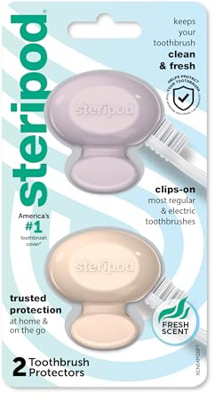 Steripod Protecteur de brosse à dents à clipser, garde la brosse à dents fraîche et propre, s'adapte à la plupart des brosses à dents manuelles et électriques, rose et bleu, 2 pièces (lot de 1)