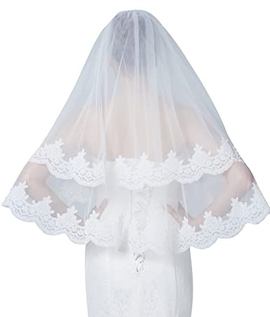 BEAUTELICATE Schleier Braut Spitze Brautschleier Kurz Blush Schleier für Braut Hochzeit Weiß Elfenbein Ellenbogenlänge mit Metall Kamm 2 Schicht V128