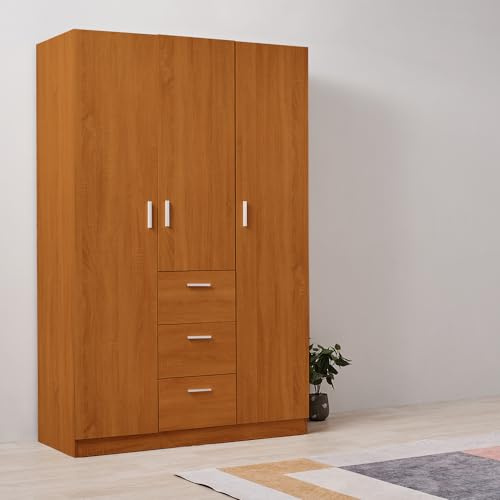 Panana Large Wardrobe 3 Door 3 Drawer Wardrobe Shelf & Hanging Rail Wooden Bedroom Storage Furniture (Oak)