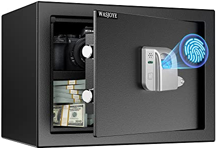 WASJOYE 25L Cassaforte per Impronte Digitali, Cassaforte Biometrica con Chiave, CassafortI Elettronica Automatica con Identificazione delle Dita, Cassetta di Sicurezza per Casa Hotel Ufficio