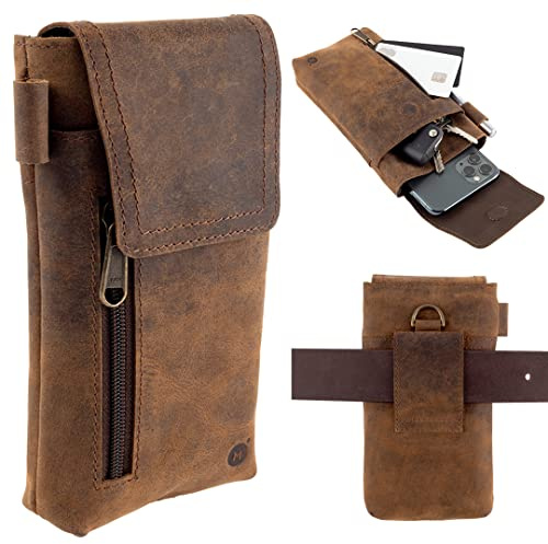 Mobilhölster i Läder – Mobilväska i Äkta Buffelläder – 18cm h x 9cm b Mobilfodral för Stora Smartphones – Säker och Hållbar Väska till Mobilen från Moonster – Bältesväska Mobil - Telefonfodral