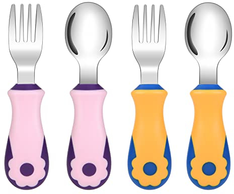 Vicloon Cuchara y Tenedor de Acero Inoxidable para Bebé, 4PCS Juego de Cuchara y Tenedor, Cuchara de Aprendizaje para Bebé, Adecuada para que el Bebé Aprenda a Alimentarse por Sí Mismo