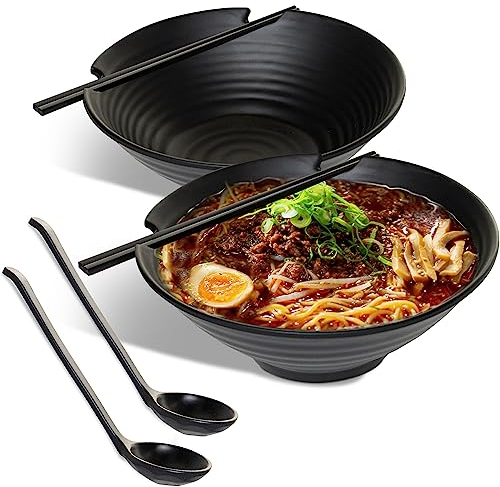 HEFTMAN Juego de 2 cuencos de ramen japonés - elegantes cuencos de ramen de 1000 ml, aptos para lavavajillas, juego de cuencos de fideos de plástico duradero - Con cucharas y palillos a juego (negro)