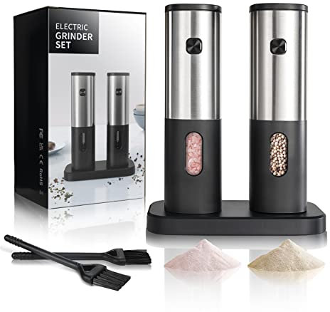 Juego de molinillos de sal y pimienta que funciona con pilas, molinillo de sal eléctrico con base de almacenamiento, funcionamiento automático con una sola mano, acero inoxidable, negro, paquete de 2