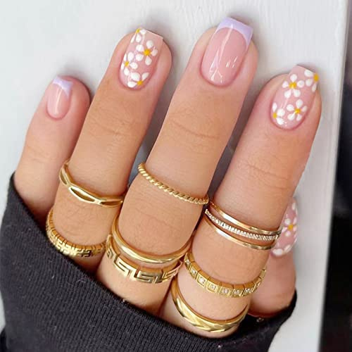 NICENEEDED Fleurs Appuyez Sur les Ongles Courts, Nude Purple French Line Faux Ongles, Mignons Faux Ongles en Acrylique de Forme Carrée avec des Autocollants de Colle à Ongles pour un Usage Quotidien