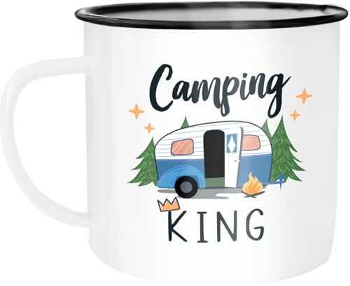 MoonWorks® Emaille-Tasse Camping Queen King Wohnwagen Geschenk Camper Campingurlaub Zubehör Emaille-weiss-schwarz standard
