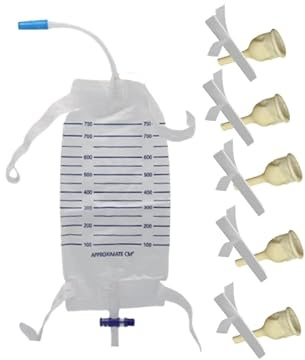Kit completo de 5 catéteres de goma para orinario de 5 días + bolsa de pierna de 750 ml + correas con un tubo de 5.9 pulgadas y 15 cm (mediano 25 mm 1 pulgada)