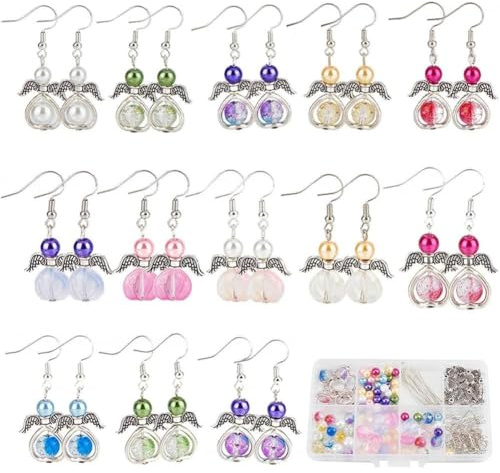 SUNNYCLUE 1 Box DIY 20 Paar Schutzengel Charms Weihnachten Perl Engel Ohrringe Herstellung Starter Kit Engelsflügel Herz Perlrahmen Runde Knisterperl Für Schmuckherstellung Kits