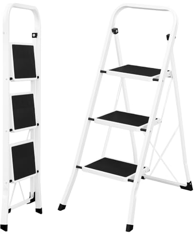 EUGAD Scaletta 3 Gradini, Scaletta Pieghevole con Maniglione, Gradini con Tappetini in Gomma Antiscivolo, Portata di 150kg, in Acciaio, Nero e Bianco