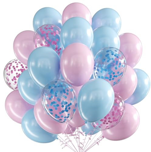 Lot de 60 ballons 30 cm latex confettis métallisés et bleus 30,5 cm ruban décoration fête fille, anniversaire, baby shower