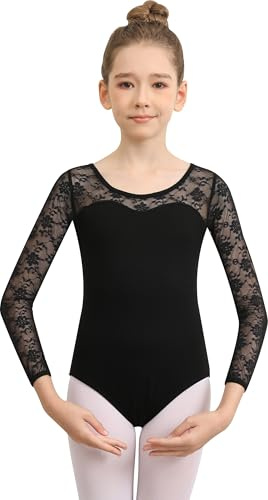 DANSHOW Maillot de ballet con encaje para niña, manga larga, body de baile para niñas, ropa de baile de gimnasia para niños pequeños, 8-10 años