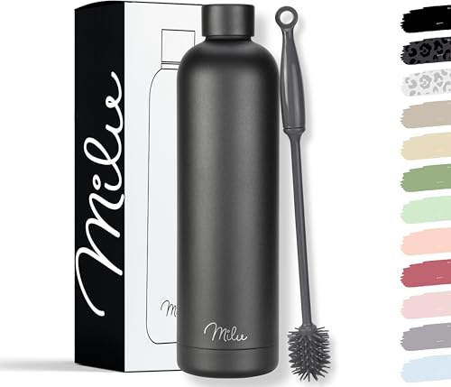 Milu Thermosflasche 1L Isolierte Edelstahl Thermo Trinkflasche Thermoskanne Auslaufsichere Isolierflasche doppelwandig - Kohlensäure geeignet – inkl. Reinigungsbürste (Schwarz, 1000ml)