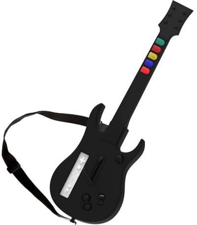 DOYO Drahtloser Wii Controller für Guitar Hero und Rock Band, kompatibel mit allen Guitar Hero Spielen, Rock Band 2, Legends of Rock, mit verstellbarem Gurt (Schwarz)
