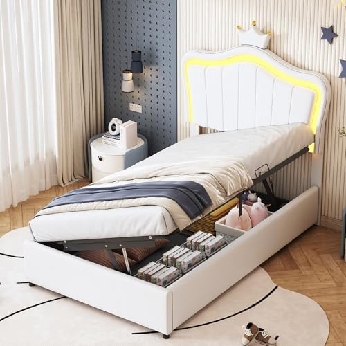 Aoskem Polsterbett 90x200 Einzelbett Kinderbett mit Stauraum Underbett, LED-Kopfteil Kronendesign, Stauraumbett Bettgestell mit Lattenrost, Rückenlehne Jugendbett Flachbett, Ohne Matratze, PU (Weiß)