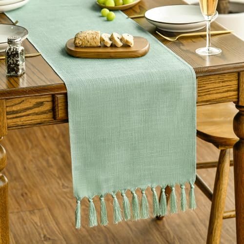 Artoid Mode Salbei Grün Landhausstil Quasten Tischläufer, Waschbar Küche Tisch Dekoration Party Geburtstag Hochzeit Dekor 33x243 cm