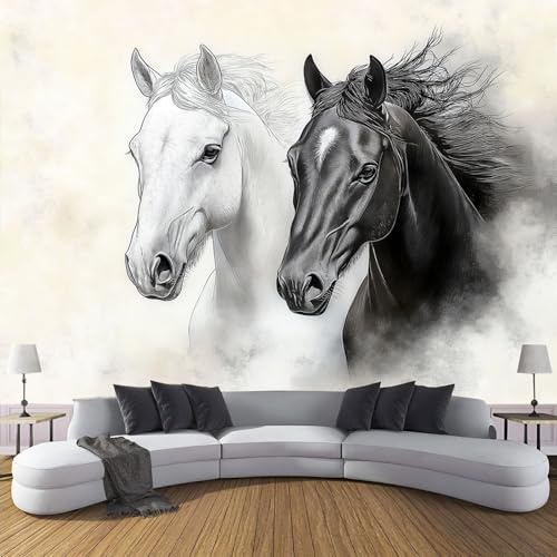 Seidenstoff Fototapete 3D Effekt Schwarzweiß Pferd Tapete, Wandtapete Für Wohnzimmer Schlafzimmer Büro Tapete, Kinderzimmer Jungen Mädchen Wandtapete ‎150X105Cm (B×H)