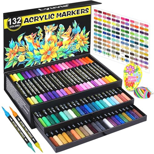Lyuvie 132 Farben Acrylstifte für Steine Wasserfest,66 Stück Multimarker Acrylic Paint Marker,Brush Acrylmarker Pinselspitze für Steine zum Bemalen Holz Glas Papier