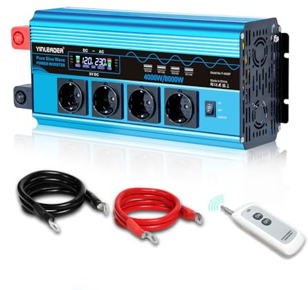Wechselrichter 4000W Spannungswandler Reiner Sinus 12V 230V mit 4 Europäische Steckdose und 4 USB-Anschlüsse LCD Spannungsanzeige /8000W