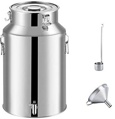 58L Stainless Steel Milk Churn Can Jug with Spigot Dispenser Sealed Cream Transportation Container for Wine and Milk Includes Funnel and Wine Spoon
