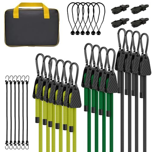 Rugtol Expander mit Haken, 30er Allzweck-Set für Outdoor mit 60 80 120 cm Verstellbar Spanngummi mit Karabiner, 25cm J-Haken Seile, 10cm Spanngummis mit Kugel, Planenclips und Aufbewahrungstasche