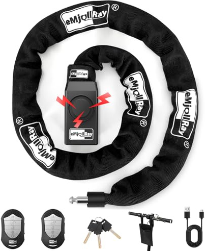 eMjollRay Antifurto per Bici, Allarme Catena, Lucchetto per Bici 110dB, Sicurezza 8mm x 1,2m, Catena con Chiave e Telecomando, Lucchetto per E-Bike, Scooter, Bici in Acciaio Resistente Ricaricabile