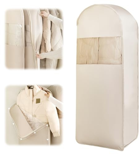 Yiomxhi Custodia Porta Abiti da Appendere con Cerniera a Compressione, Copriabiti Salvaspazio per Cappotti, Traspirante Borsa Portaabito, Copertura Vestiti Copri Abiti per Giacca, 1Pc (Beige)