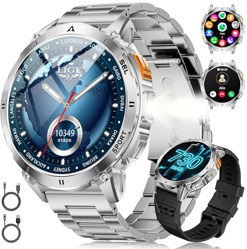 LIGE Smartwatch Herren mit LED-Licht/Anrufe, 730mAh Akku für 30 Tage Nutzung Smart Watch 3ATM Wasserdicht, 1,62'' HD AMOLED Display, 119 Sportmodi Schrittzähler Fitnessuhr für iOS Android, Silber