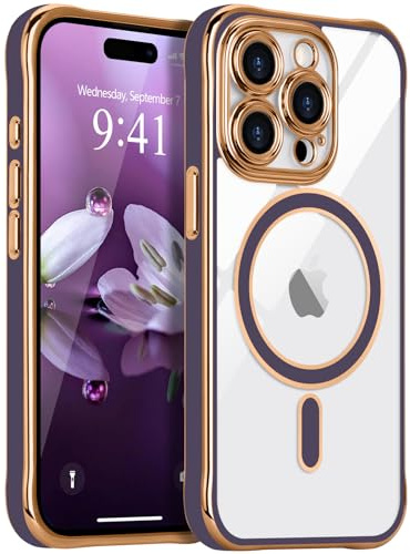 LCHULLE Magnetica Cover per iPhone 14 Pro Max Trasparente,Viola scuro | Compatibile con Magsafe, Protezione della Fotocamera, Cover Antiurto Protettiva, Custodia in Silicone Elettroplaccata