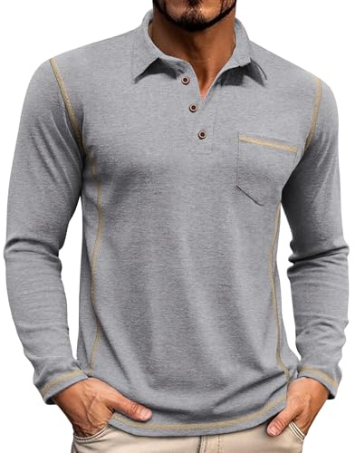 Elainone Herren Langarm Polo Shirt mit Brusttasche Atmungsaktives Stretch Golf Oberteil für Outdoor Casual & Business - Regular Fit Grau M