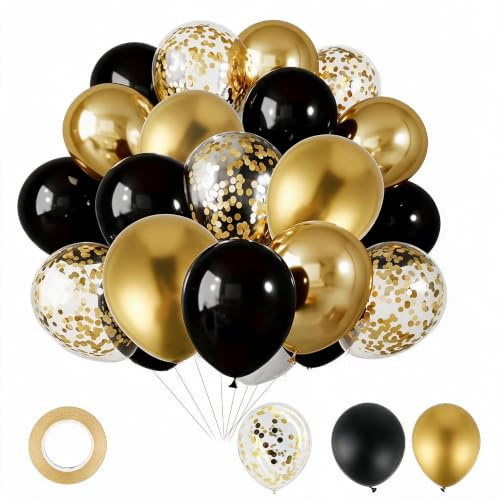50 Luftballons Schwarz Gold, 12 Zoll Latexballons für Geburtstag Party Deko | 50 schwarze goldene Luftballons aus Latex, perfekt für Geburtstag, Hochzeit, Party und stilvolle Dekoration