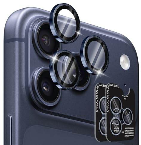 2 Jeux Protection Camera pour iPhone 17 Pro Max/17 Pro/16 Pro/16 Pro Max | Verre Trempé 9H Anti-rayures, Ultra-fin, Anneau Individuel Protections d'objectif pour iPhone 15 Pro/15 Pro Max – Bleu