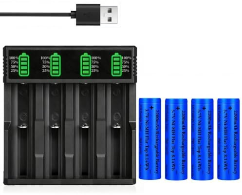 4 Stück 3.7V 2200mAh Akku Flat Top Wiederaufladbarer mit 18650 Akku Ladegerät, 3.7Volt Akkus NiMH + USB Akku Ladegeräte für Taschenlampe/Stirnlampen/Kamera/Kleinen Lüfter, Nicht AA/AAA