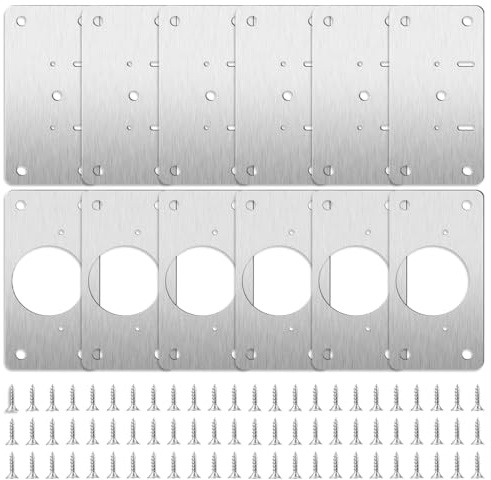 12 Piezas Kit de Reparación de Bisagras con 48 Tornillos para Conectar Gabinetes, Acero Inoxidable Armario Placa con Agujero para Muebles de Madera, Puertas Cocina(6 Placas Copa de Bisagra,6 Base)