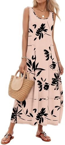 MOLERANI Summer Dresses for Women Sleeveless Maxi Dress Scoop Neck Ladies Dress with Pockets Floral Brown L