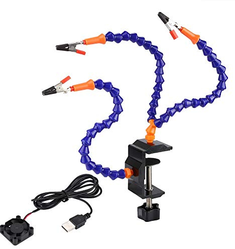 3 Arm Adjustable Soldering Station, Aluminum Alloy Table Clip Soldering Station with Anti - Skid Pad for 5-50mm Desktop, Flexible Arms for Electronics and Model Repair (Includes Fan)