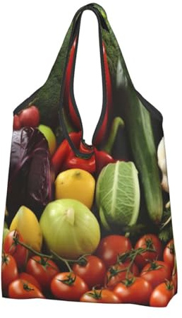 JKSEEPYN Bedruckte Einkaufstasche für alle Jahreszeiten, faltbar, wiederverwendbar, waschbar, Schultertasche, Einkaufstasche, Alltagstasche, Sorte frisches Gemüse und Früchte., Einheitsgröße