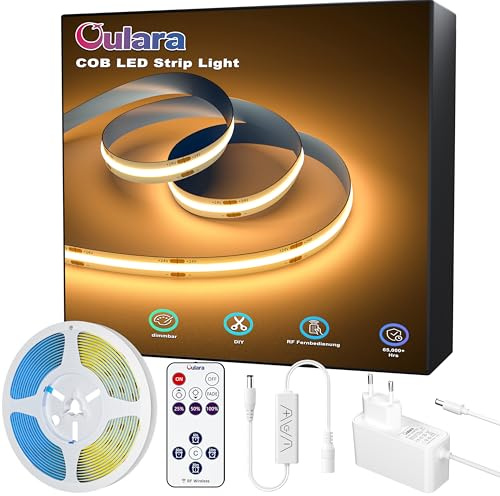 OULARA COB LED Streifen 3M Warmweiss 2700K,24V Dimmbar LED Strip lights Set mit RF Fernbedienung und Netzteil,CRI90+ Hell Unterbauleuchte Flexibel led band für Home DIY Dekoration,Timerfunktion