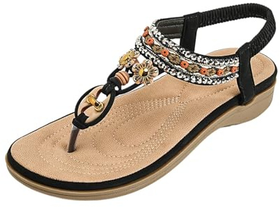 Nuoke sandalias,sandalias blancas planas, planas con tiras en T y cuentas para, con piedras preciosas de colores y elástico Sandalia Punta Cerrada (Black, 41)